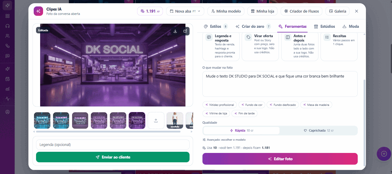 Janela do Clipes IA aberta sobre o Instagram: a foto da loja editada pela IA à esquerda, as abas Estilos, Criar do zero, Ferramentas, Estúdios e Moda à direita, com o custo em créditos e o botão Editar foto